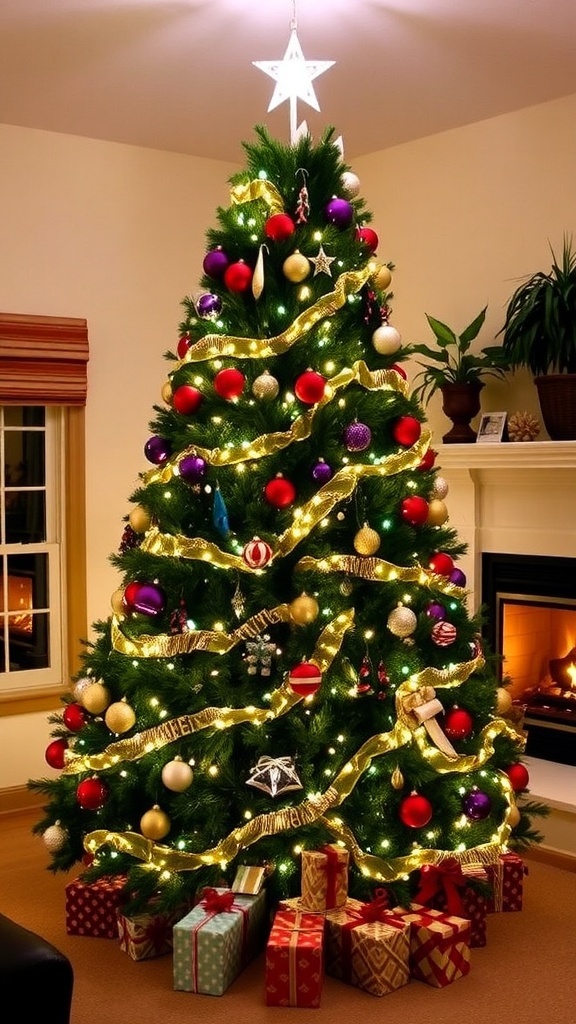 A tall Christmas tree decorated with lights and ornaments in a festive living room.